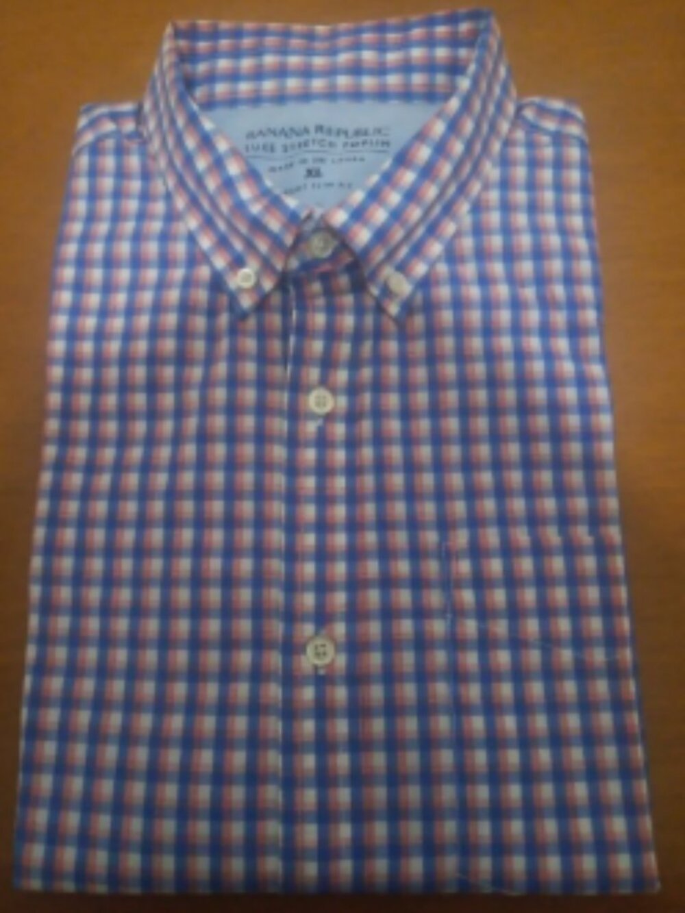 Banana Republic Short Sleeve Button-Up Checkered Shirt, White/Red/Blue - Size XL